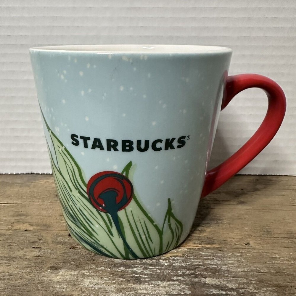 STARBUCKS 2020 Mug Cup Light Blue Coffee Tea Red Berries & Handle Green Leaves
